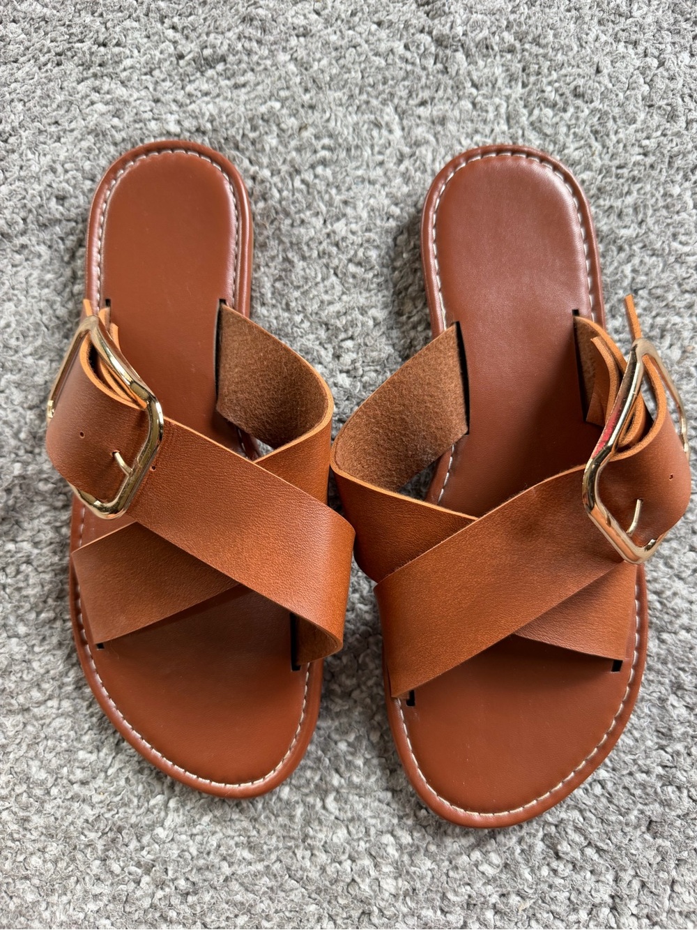 Women’s Tan Leather Crisscross Slide Sandals with Gold Buckle